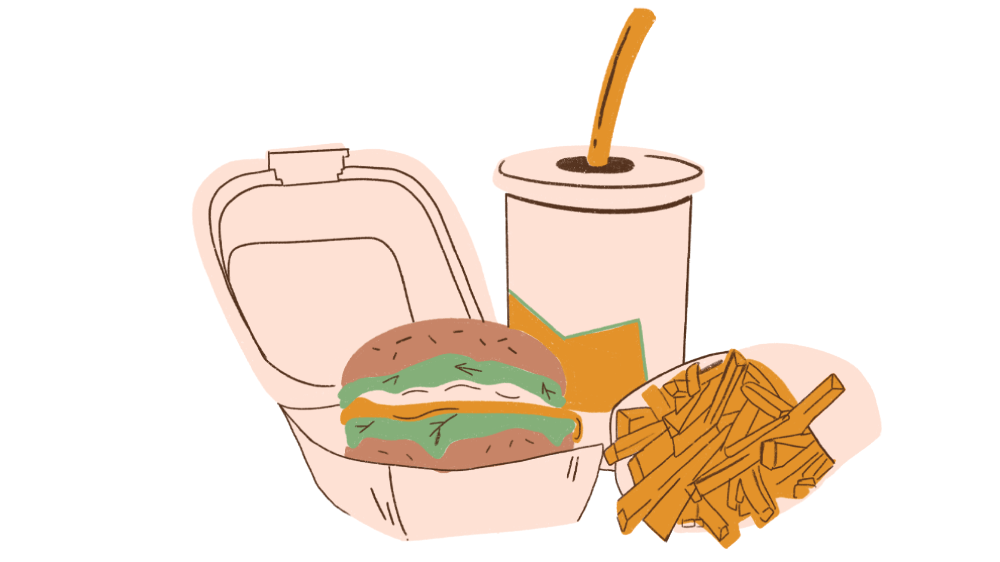 ハンバーガー、ジュース、ポテトのイラスト