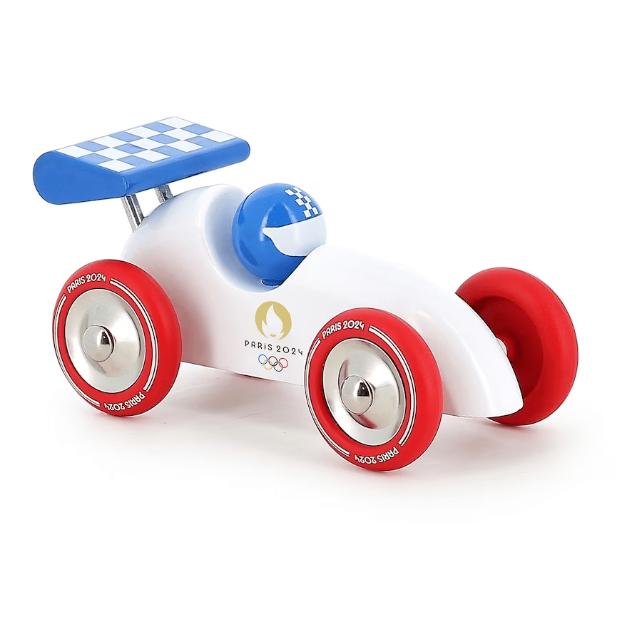 パリオリンピックの色やデザインを使った木製子ども向けおもちゃの車